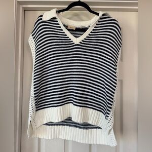 Elie Tahari Navy and White Striped V-Neck Sweater